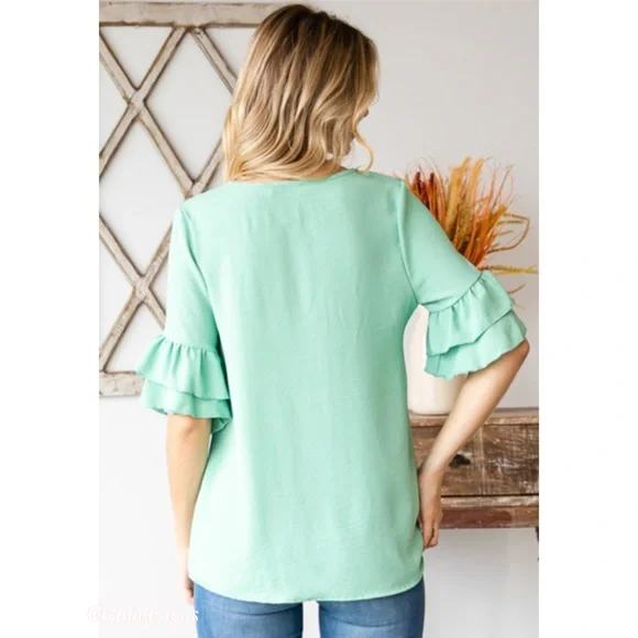LAST 1! V Neck Stunning Double Ruffle Sleeve Mint Top! - Picture 5 of 6